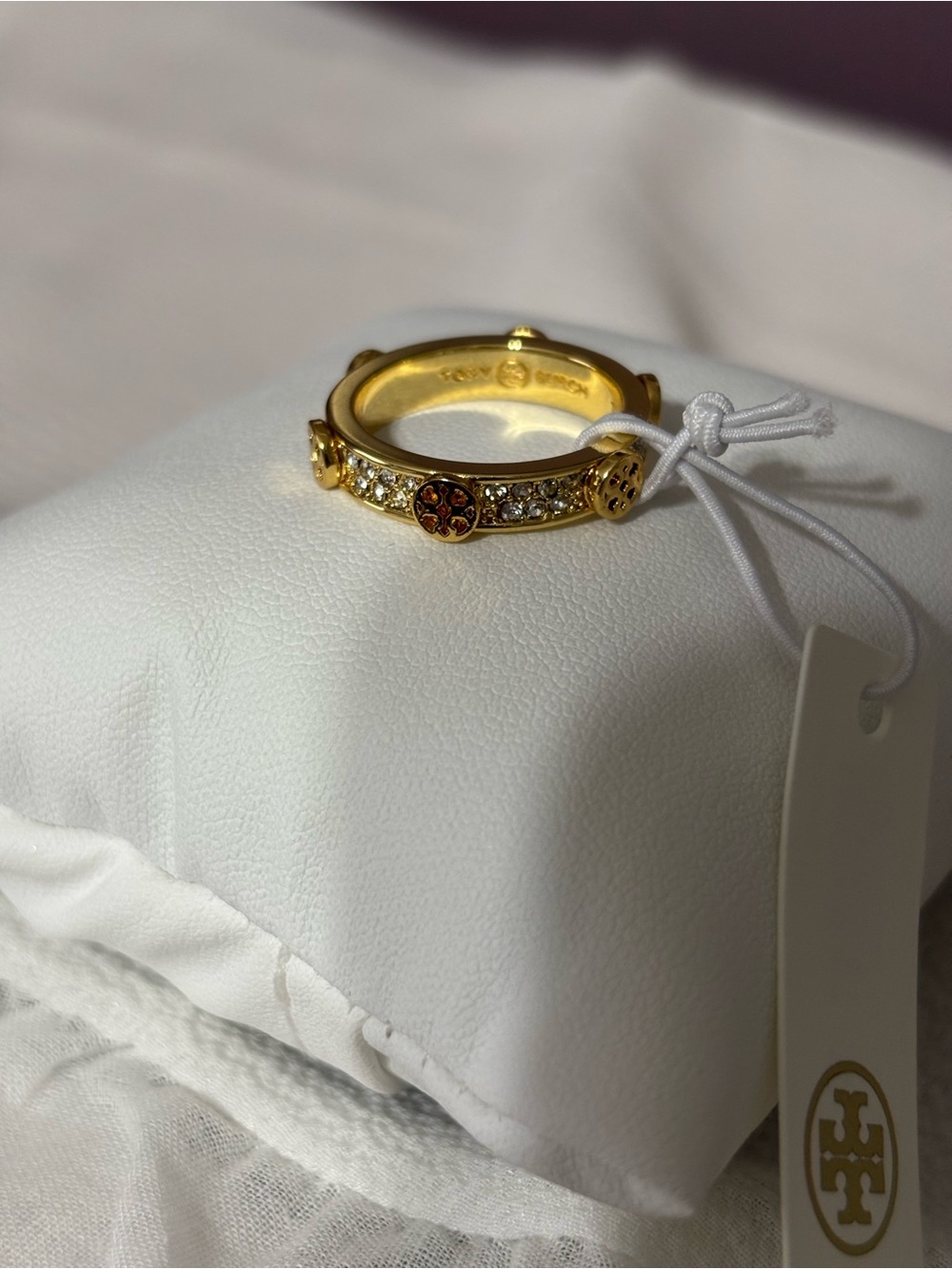 Size 7 Tory Burch Gold-tone Pavé Logo Band Ring - Gold